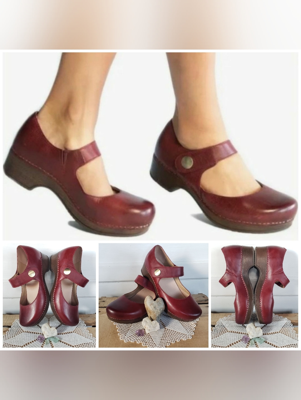 RED Dansko Beatrice MaryJane Clog Burnished Velcro Strap Button Boho Cottage - Picture 7 of 11